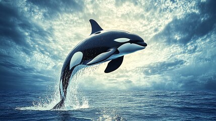 Wall Mural - a powerful orca whale leaps from the ocean, creating a splash of water as it breaks the surface. the