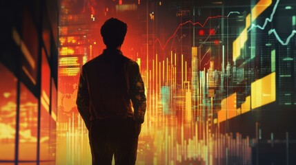 Poster - A Silhouetted Man Observing a Complex Digital Data Display