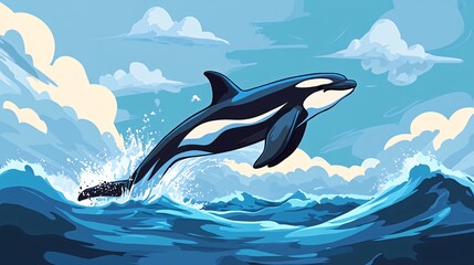 Wall Mural - a black and white orca whale jumps out of the blue ocean water with a splash.