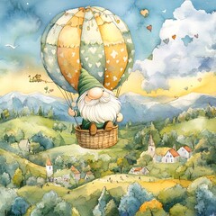 Wall Mural - Watercolor Painting of a Gnome Flying in a Hot Air Balloon over a Village.