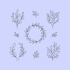 Wall Mural - simple botanical set featuring hand-drawn branches and leaves circular wreath. Nature designs, invitations, logos, and minimalist decorations