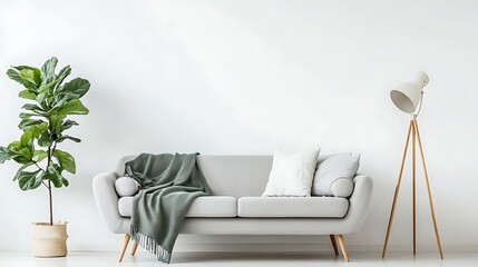 Cozy living room with white floor, gray sofa with wooden legs, light green blanket, standing lamp, and green plant in a beige pot