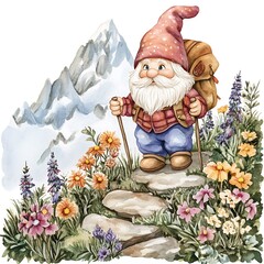 Sticker - Watercolor Illustration of a Gnome Hiking in the Mountains with Flowers.