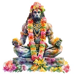 watercolor illustration of hindu god hanuman in meditation pose.