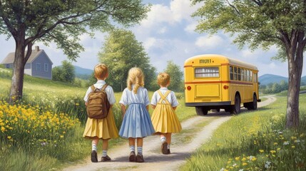 Poster - A painting of three girls walking down a dirt road towards the school bus, AI