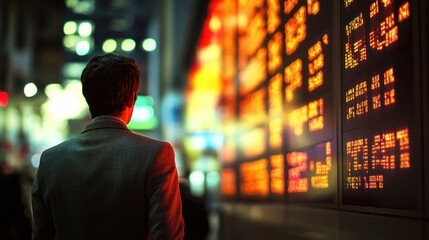 Poster - A Man Stands Before a Wall of Bright Red Digital Displays
