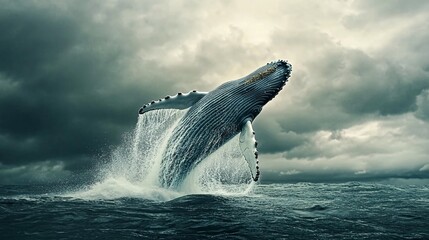 Wall Mural - a humpback whale leaps out of the water, its powerful body silhouetted against a stormy sky.