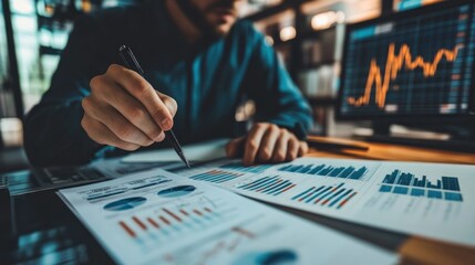 Poster - A Person Analyzing Business Charts with a Pen