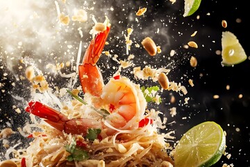 Vibrant Explosion of Pad Thai Noodles with Shrimp Peanuts and Lime