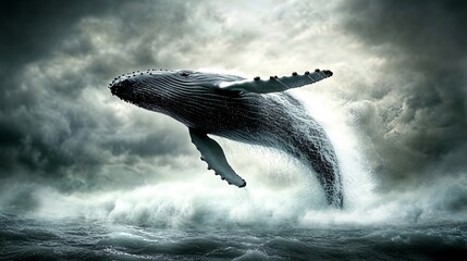 Wall Mural - a humpback whale leaps from the ocean, its massive body silhouetted against a dramatic sky.