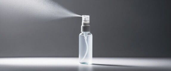 Clear spray bottle emits mist, showcasing modern design focused on beauty and wellness themes emphasizing freshness and personal care