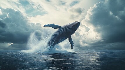 Wall Mural - a humpback whale leaps from the ocean, creating a spray of water against a dramatic cloudy sky.