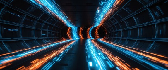 Wall Mural - Futuristic tunnel illuminated with vibrant blue and orange lights, creating a dynamic atmosphere  Suitable for technology and sci fi themes