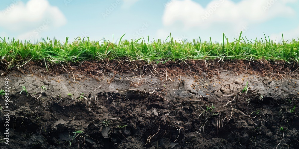 Cross section of soil layers showing grass roots and different soil ...