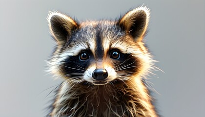 Wall Mural - Adorable 3D baby raccoon with fluffy tail and wide eyes against a pristine white canvas backdrop