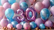 © visoot - Colored foil balloons shaped like the number '30' rising above a bouquet of pastel colored helium balloons. Background is in pastel colors with celebration elements. Generative AI.