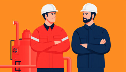 Industrial plant with mechanical components, workers in uniform, flat design illustration