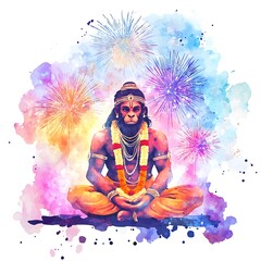 Poster - Hanuman, Hindu Monkey God, Watercolor Painting with Fireworks.