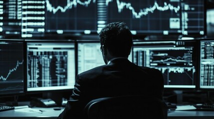 Poster - Man in a Suit Sitting in Front of a Wall of Computer Screens Displaying Data