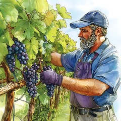 Wall Mural - A Winemaker Picking Grapes in His Vineyard.