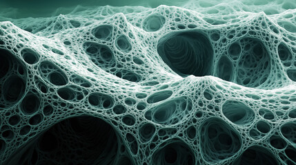 Complex, organic mesh-like structure resembling a biological or cellular network, highlighting its intricate and abstract design.