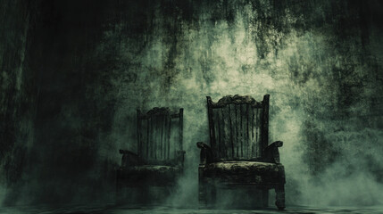 Two chairs are sitting in a dark room with a foggy atmosphere. The chairs are old and worn, giving the room a creepy and eerie vibe