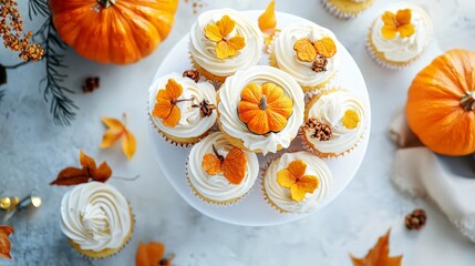 Poster - On a white cake stand, an assortment of chocolate cupcakes topped with mini pumpkin decorations and autumn leaves.