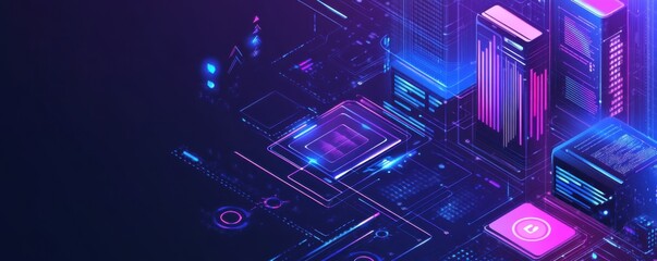 Poster - Isometric illustration of a vibrant AI data system with luminous circuitry and futuristic design