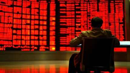Poster - A Person Sitting in Front of a Red Stock Ticker