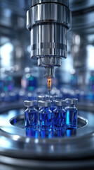 Poster - A machine is dispensing medicine into small blue bottles. The bottles are lined up in a row and the machine is in the center