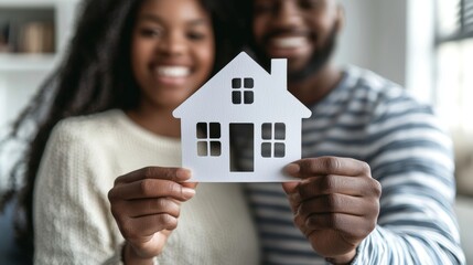 Close up of a black couple holding a wooden house in the air. The concept of real estate, housing, and families