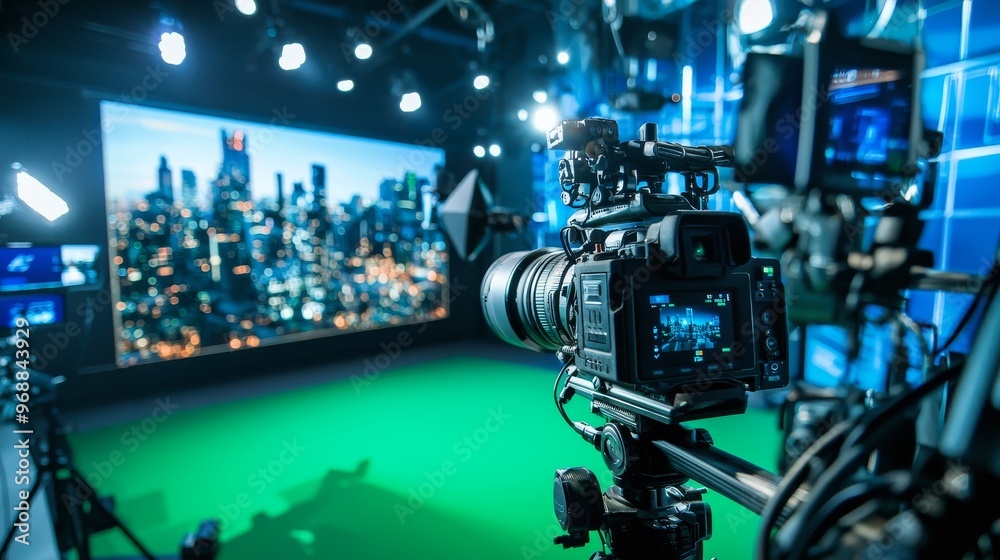 Using a circular green screen, two professional cameras are positioned ...