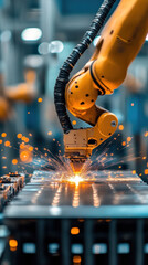Poster - A robot is working on a piece of metal, creating sparks and heat. The scene is industrial and futuristic, with the robot being the main focus