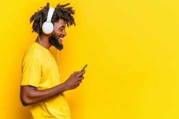 App for music. African American guy listening to songs on smartphone with wireless headphones. Yellow background with free space around him.