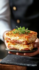 Someone holding a Croque-monsieur, focusing on the layers of cheese and ham in the delicious sandwich.