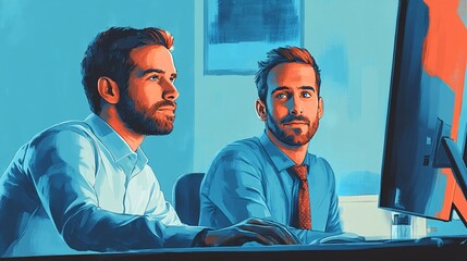 Two men, one with a tie, working at a desk with two monitors, symbolizing collaboration and professionalism in an office illustration.