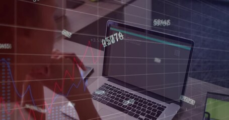 Poster - Animation of financial data processing over african american businesswoman using laptop