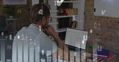 Canvas Print - Animation of financial data processing over caucasian businessman using computer