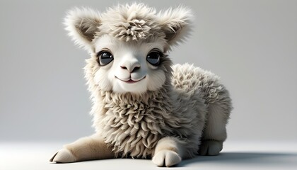 Adorable 3D baby llama with fluffy coat and gentle eyes on a clean white background