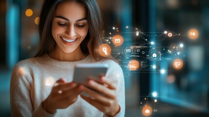 Poster - Woman Smiling While Using Her Smartphone With Technology Icons