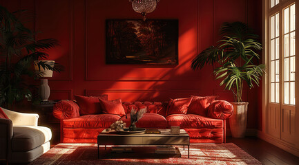 Wall Mural - Dark red interior environment. living room. Generative AI.