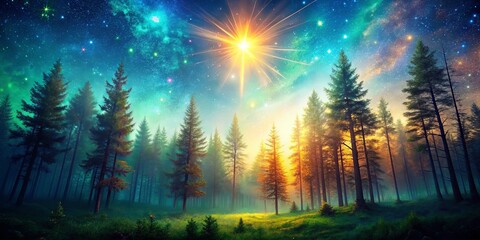 Wall Mural - Vibrant forest scene with starry sky and bright light above, perfect for nature lovers and fantasy backgrounds