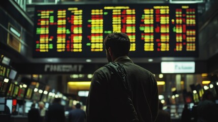 Aufkleber - A man standing in front of a large stock ticker display