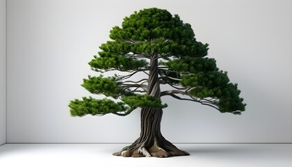 Symmetrical 3D depiction of a classic fir tree with dense green needles on a white canvas