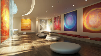 Contemporary spirituality center with abstract art, soft lighting, and tranquil music playing as visitors explore different spiritual practices