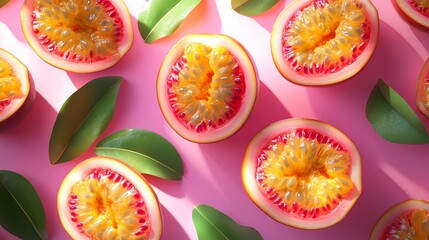 Colorful slices of fruit surrounded by leaves, arranged beautifully on a vibrant pink background, showcasing freshness and nature.