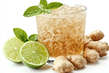 Wall Mural - Refreshing Ginger Ale Cocktail with Lime, Fresh Mint, and Ice Cubes on a White Background.