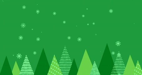 Wall Mural - animation of snowflakes over christmas trees on green background