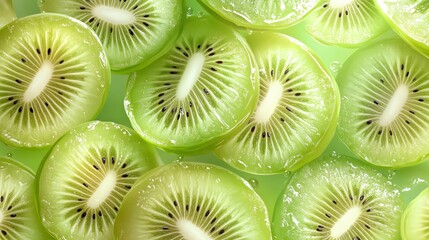 Fresh and vibrant kiwi slices arranged beautifully, showcasing the juicy green texture and unique seed pattern.