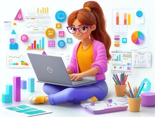 Poster - A 3D cartoon girl wearing glasses is sitting on the floor, working on a laptop, surrounded by colorful charts and graphs.